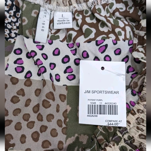 NWT est. 1848 Peasant Top Blouse Smocked Shoulder Patchwork Look Boho L Leopard - Picture 2 of 9